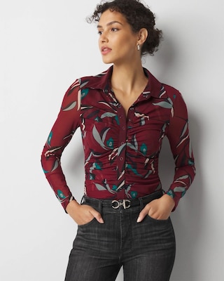 Mesh Ruched Long Sleeve Shirt | White House Black Market